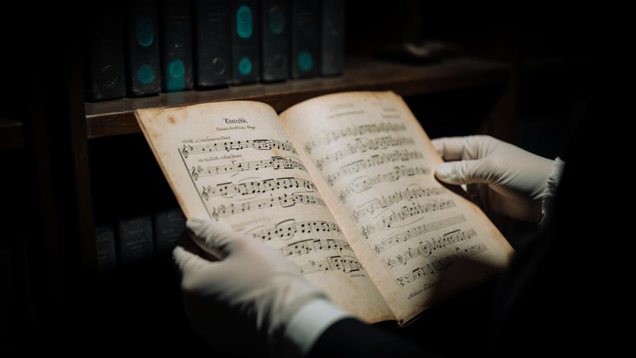 Specialist curator examining hand-written rare sheet music in the Dublin archive.