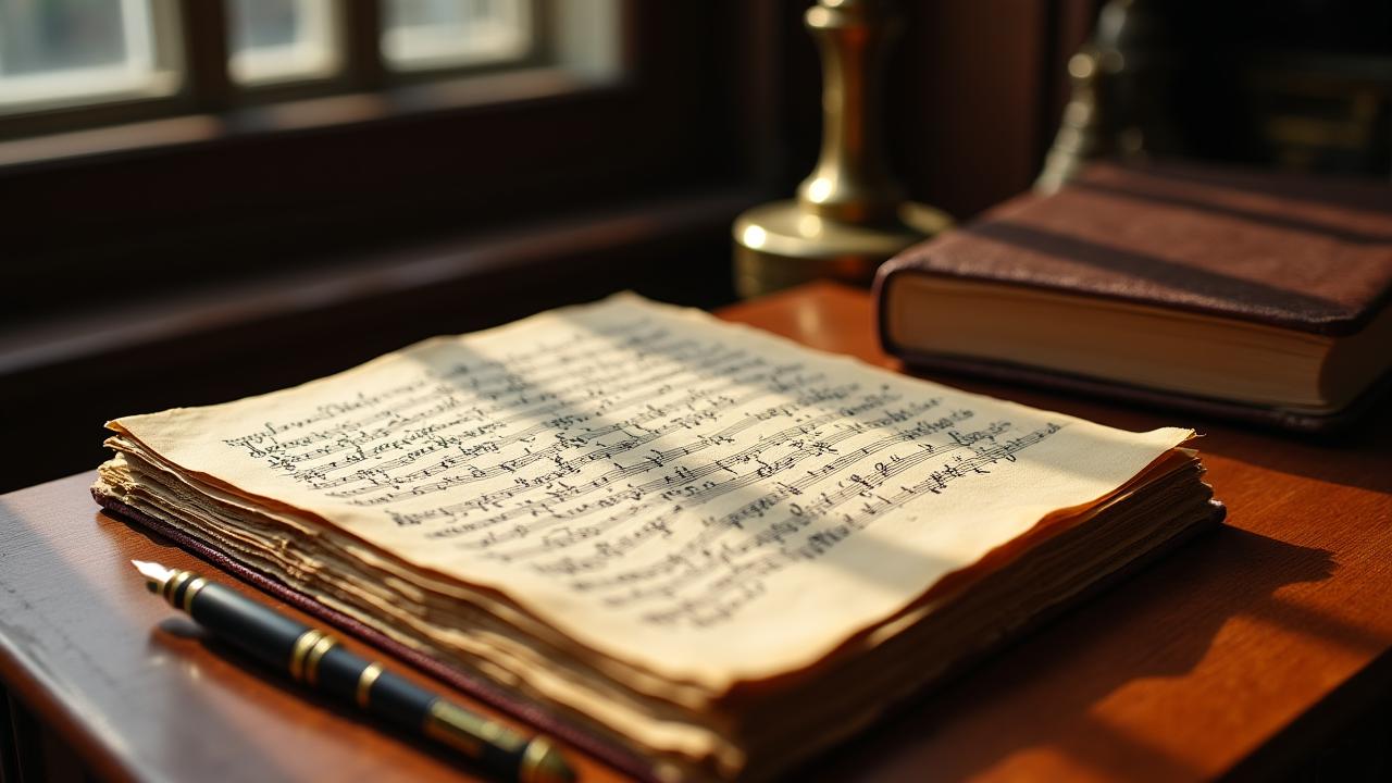 Vintage sheet music and archival ink on a mahogany desk